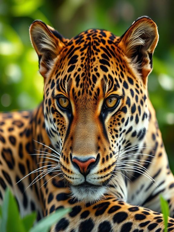 Close-up portrait of a leopard with sharp eyes and detailed fur in natural jungle background.