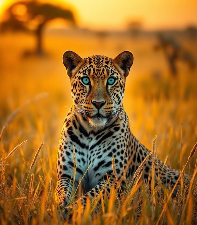 Leopard with bright blue eyes sitting in tall golden grass during evening light.