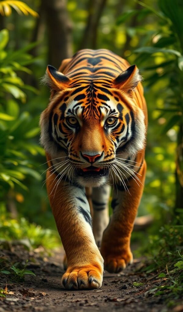 Bengal tiger walking on a forest trail with intense eyes and detailed fur.