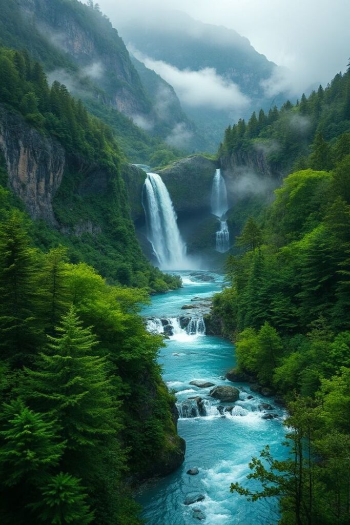 Beautiful mountain waterfall flowing into a turquoise blue river surrounded by green forest and mist.