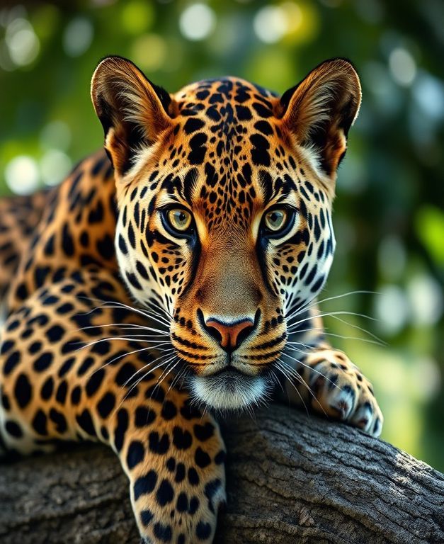 Leopard lying on a tree branch with sharp golden eyes and detailed spotted fur.