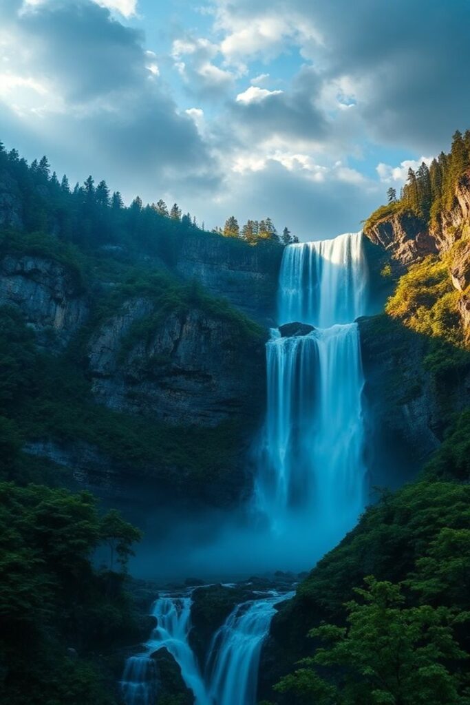 Massive twin waterfall cascading down steep mountain cliffs with lush trees and cloudy sky.