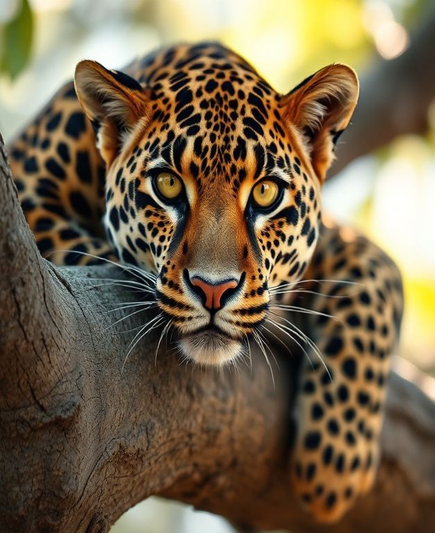 Leopard relaxing on a tree branch with sunlight reflecting on its golden fur.