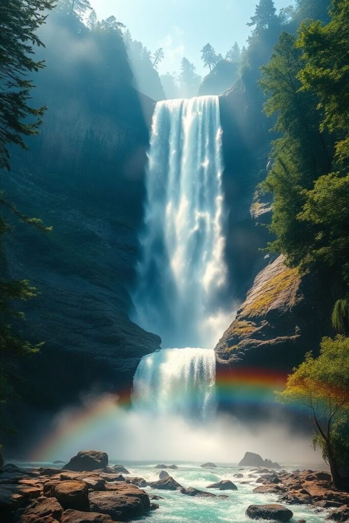 Tall waterfall forming a rainbow at the bottom as sunlight passes through water mist.