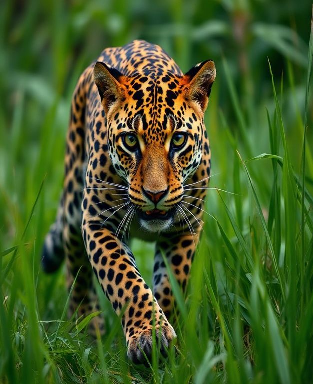 Leopard walking silently through tall grass with sharp focus and hunting expression.