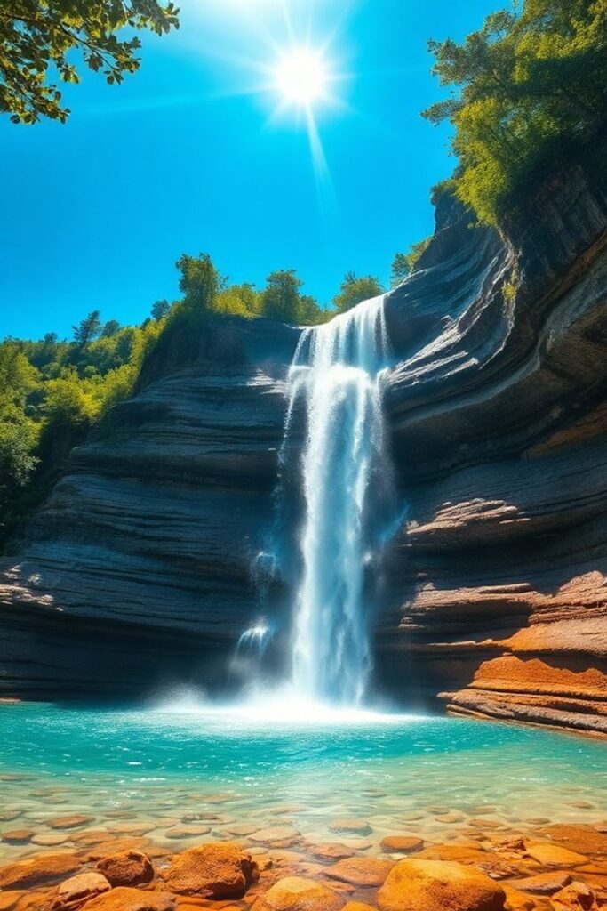 Bright sunlit waterfall falling into a clear blue water pool surrounded by rocky cliffs and trees.