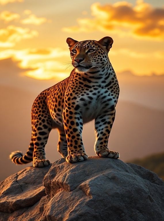 Leopard standing proudly on a rock with a dramatic sunset sky in the background.
