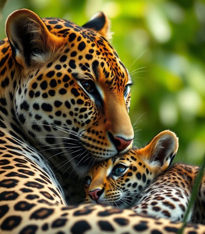 Mother leopard cuddling her baby cub in a forest with soft natural lighting.
