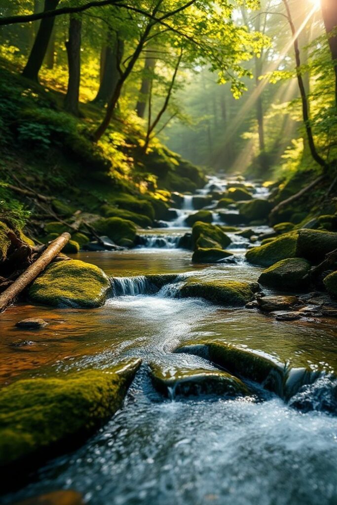 Small flowing stream in a green forest with mossy rocks and sunlight beams. Caption: