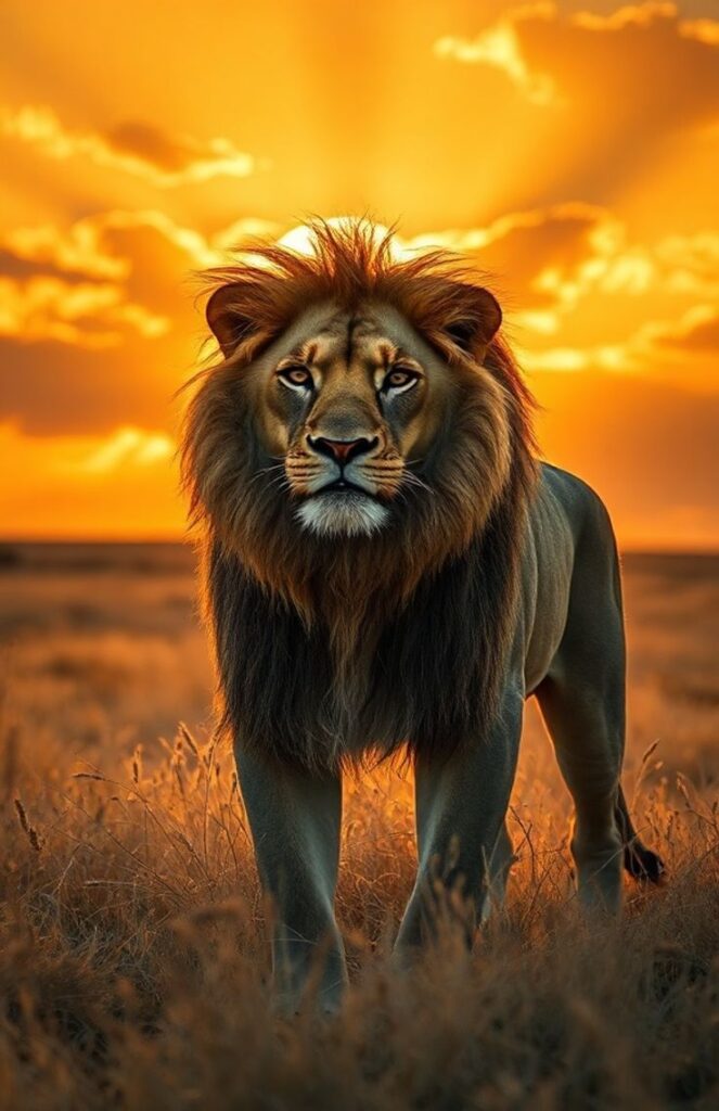 Lion walking in sunset light