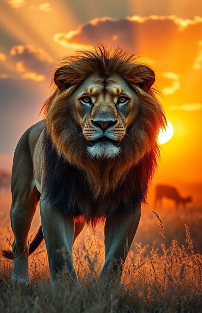 Powerful lion face in sunset glow