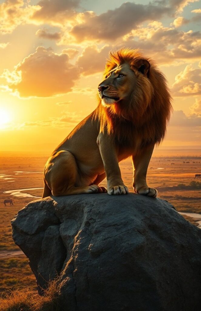 Lion sitting on rock in sunset
