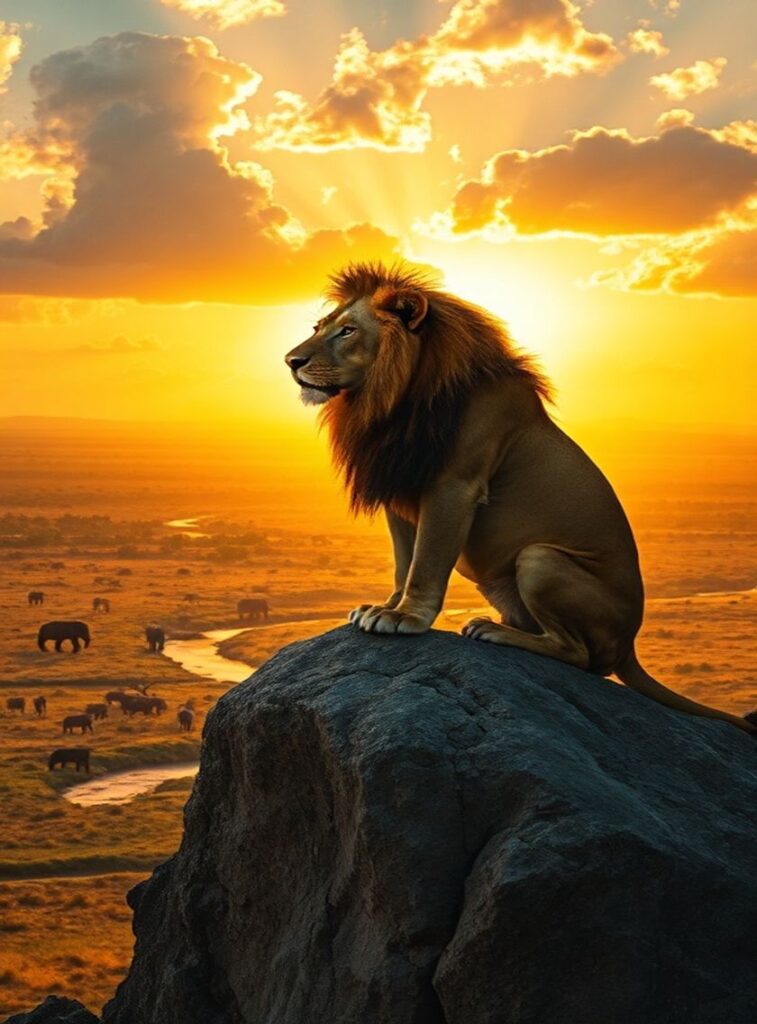 Lion on rock above savannah