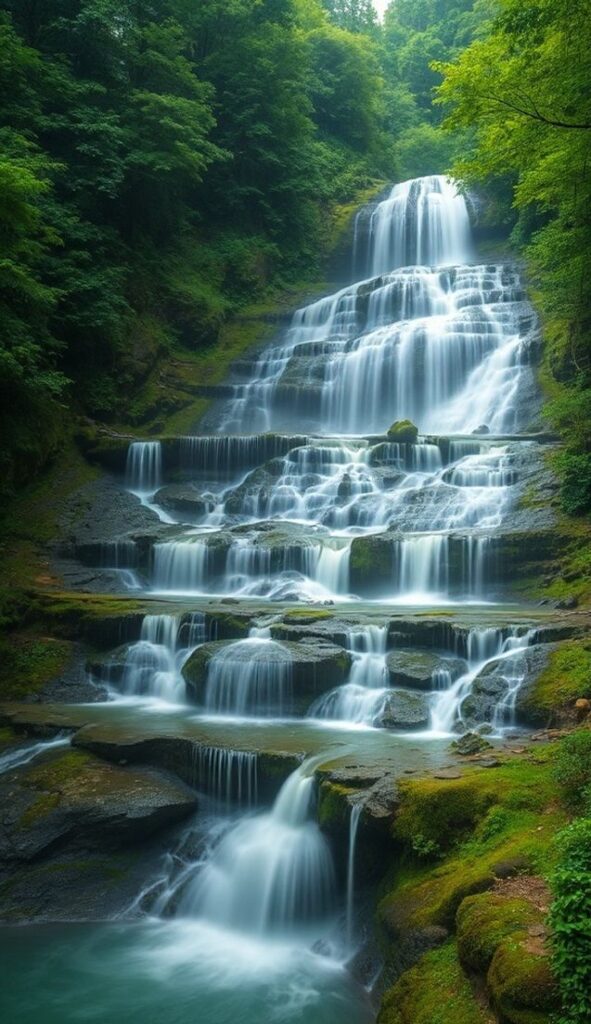 “हरे जंगलों के बीच बहता बहु-स्तरीय झरना – green forest multi layer waterfall nature scenery”