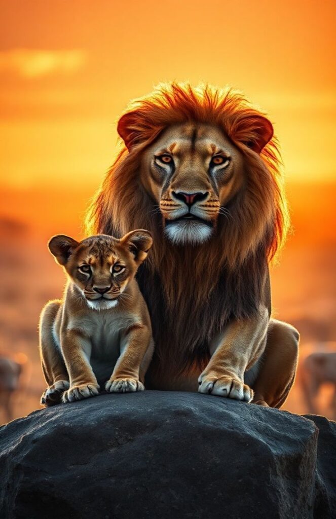 Lion and cub sitting together