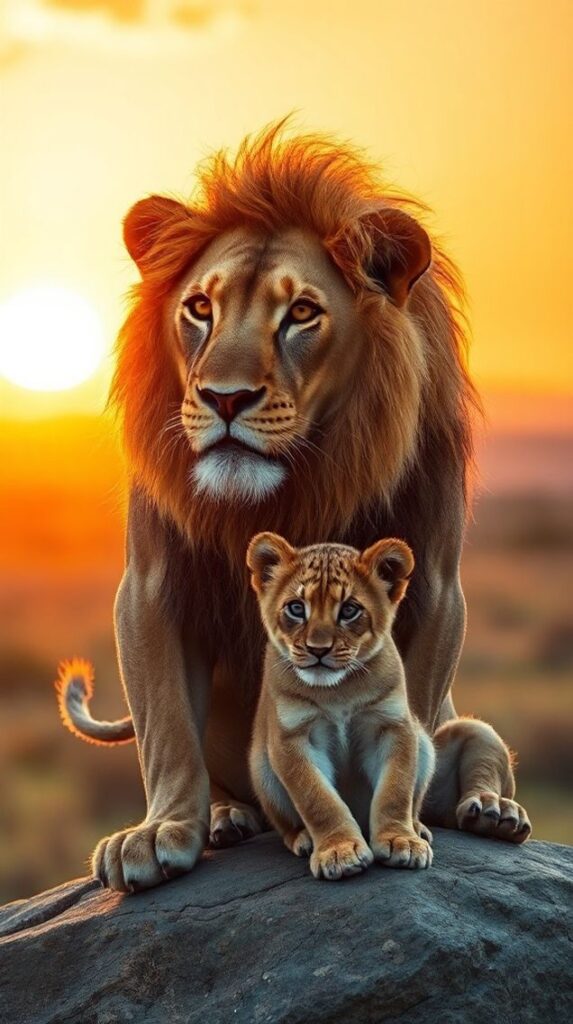 Lion and cub in sunset light