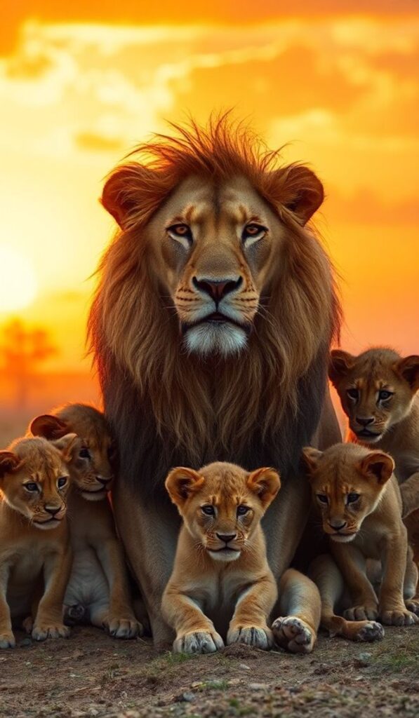 Lion sitting with cubs