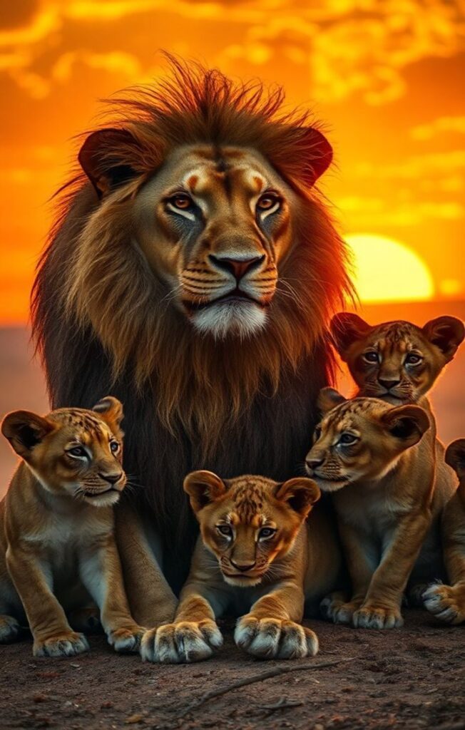 Lion and cubs in sunset scene