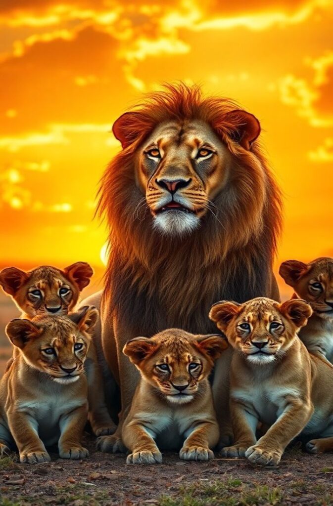Lion with four cubs