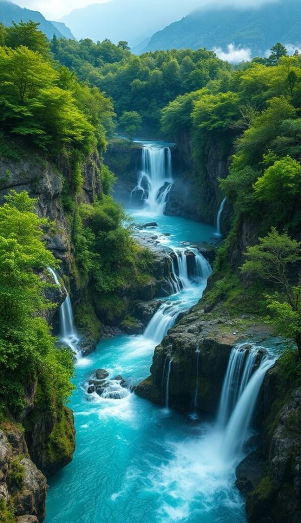 “घने हरे पेड़ों के बीच बहता सुन्दर layered waterfall – forest nature waterfall”