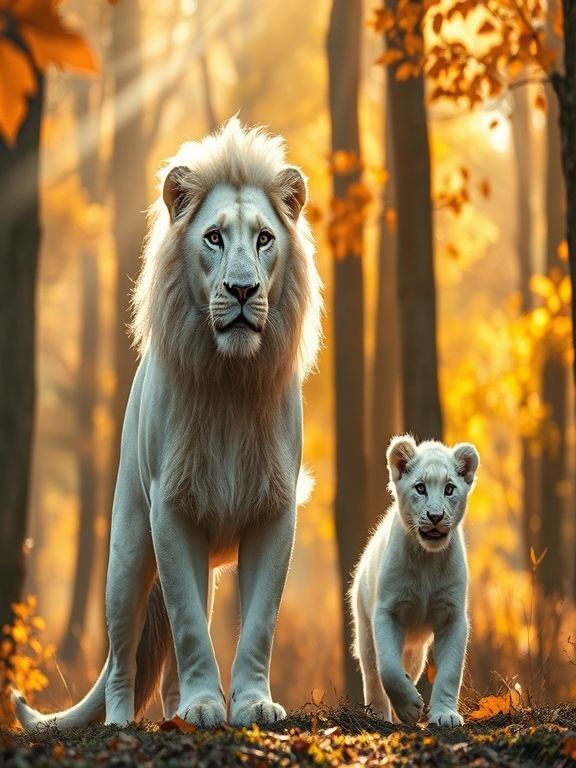 White lion with cub in forest