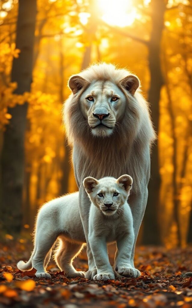 White lion with cub in forest