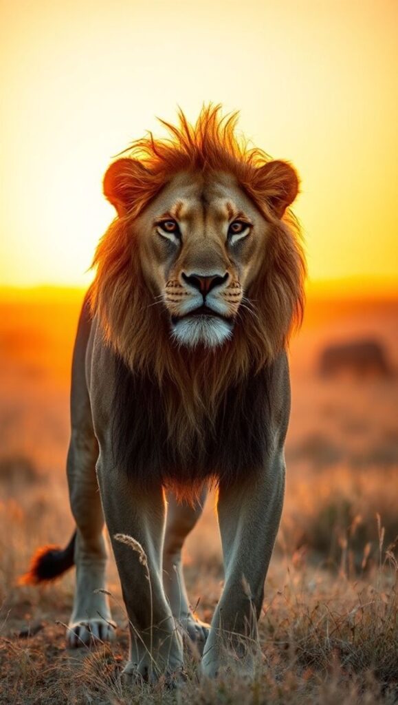 Lion walking in sunset