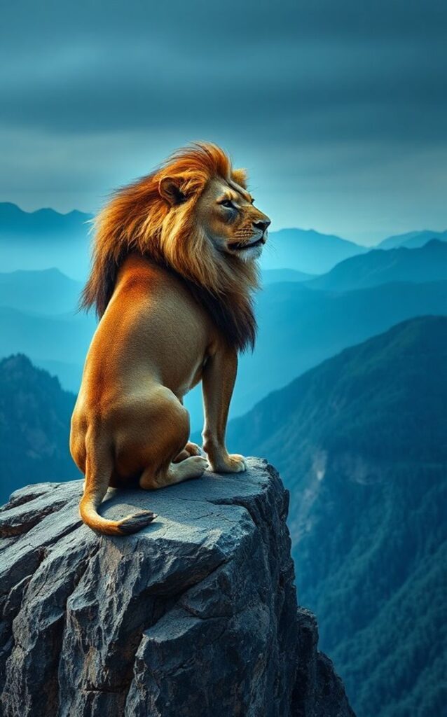 Lion sitting on mountain cliff