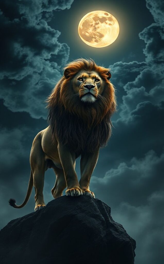 Lion on rock with full moon