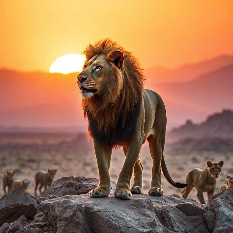 Lion standing with pride at sunset