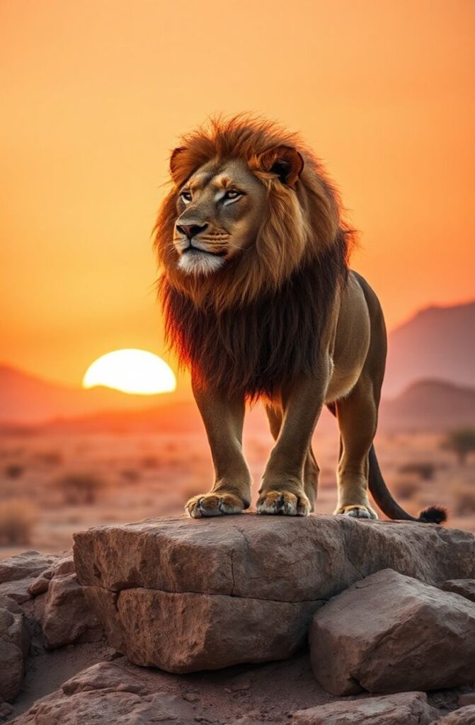 Lion standing on rock at sunset