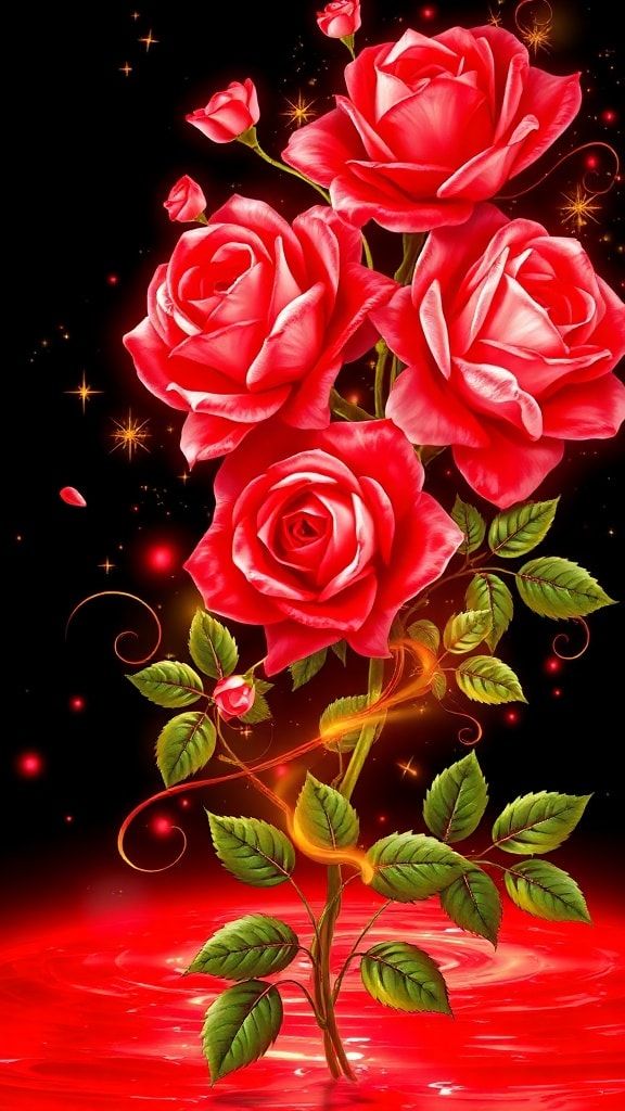 Glowing red roses with sparkling light effects on a dark fantasy background