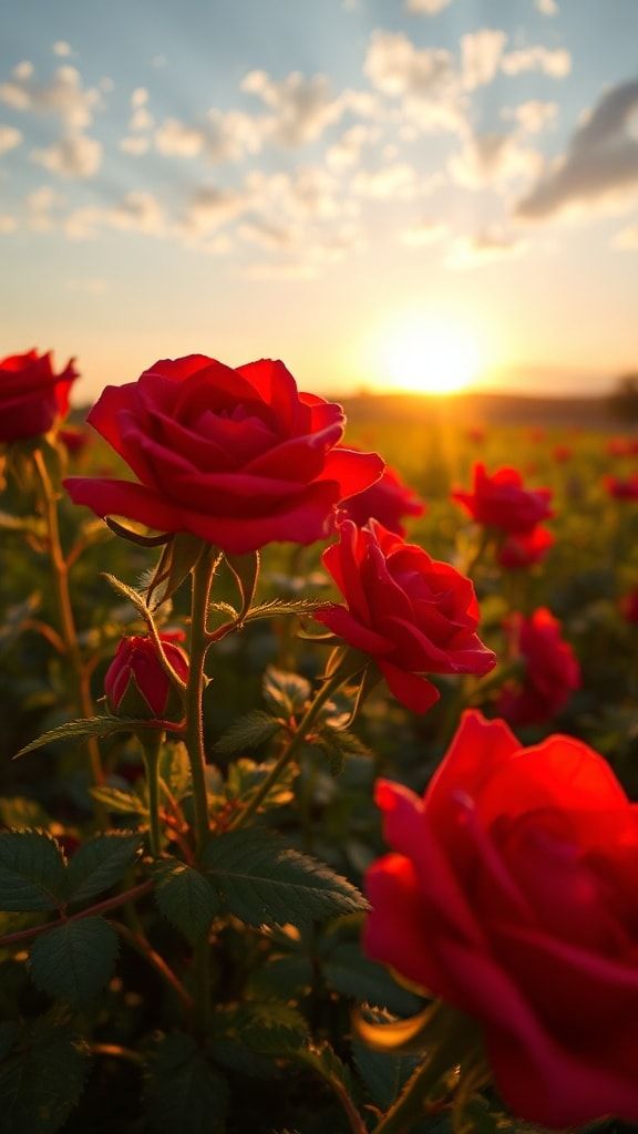 Red roses blooming in a field during a bright evening sunset