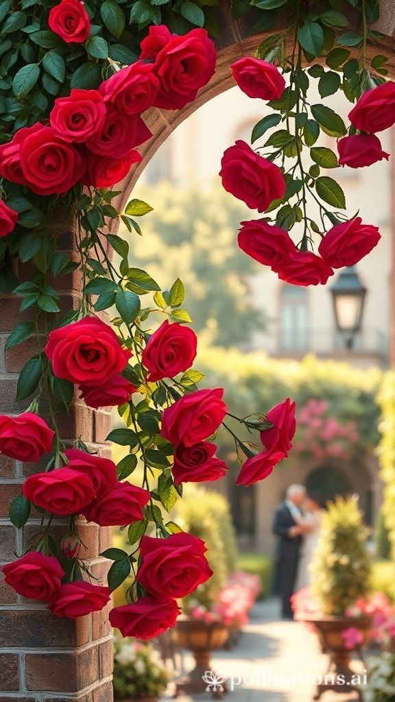 Hanging red roses around a brick arch in a romantic outdoor garden