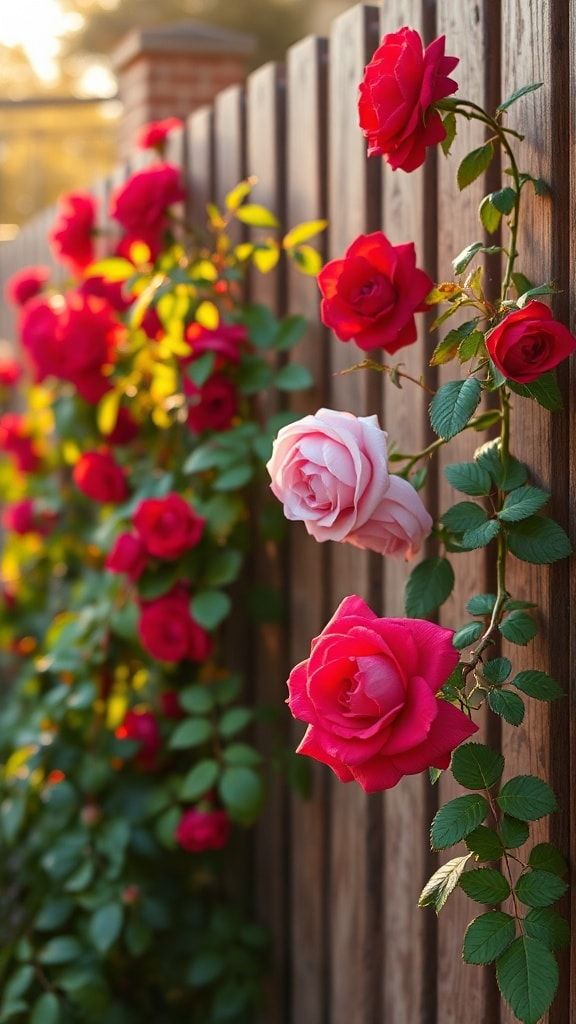 Pink and red roses climbing along a wooden fence in soft sunlight