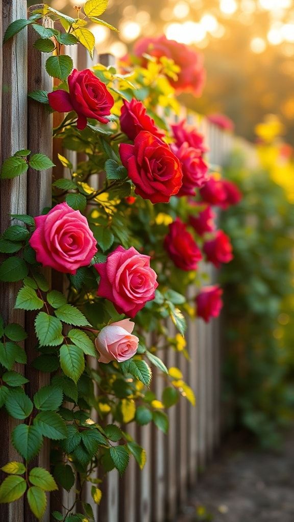 Climbing roses blooming along a garden fence glowing in early sunlight