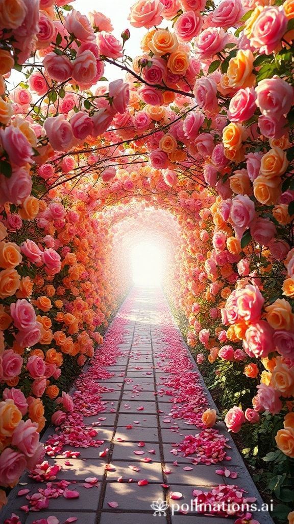 A long tunnel covered with pink and peach roses with petals on the walkway