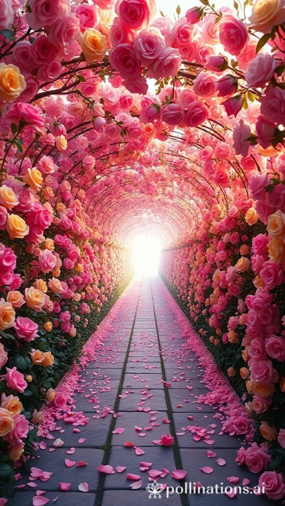 Pink rose tunnel pathway covered with blooming flowers and scattered petals