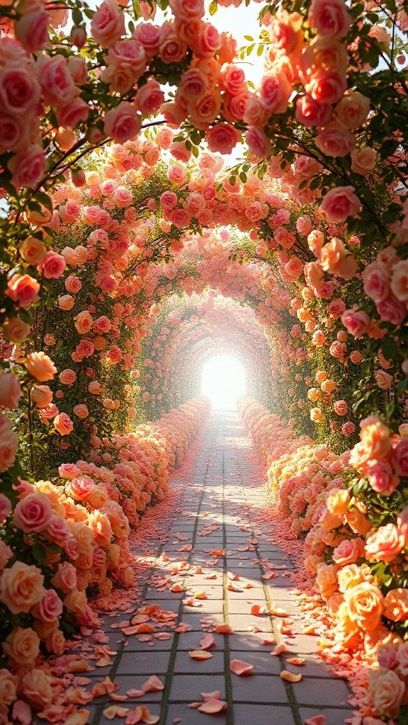 A garden tunnel full of peach and pink roses with petals falling on the path