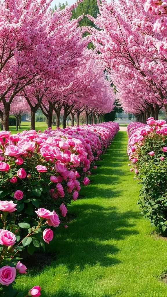 Pink cherry blossom trees and rose bushes forming a beautiful garden walkway