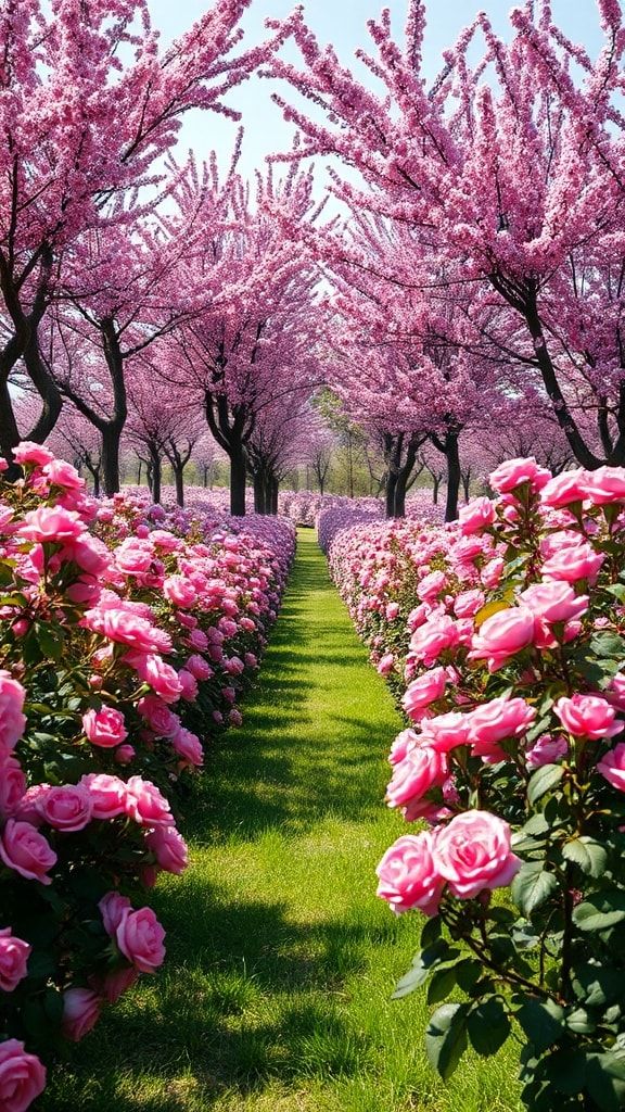 Rows of pink roses and cherry blossom trees creating a picturesque floral path