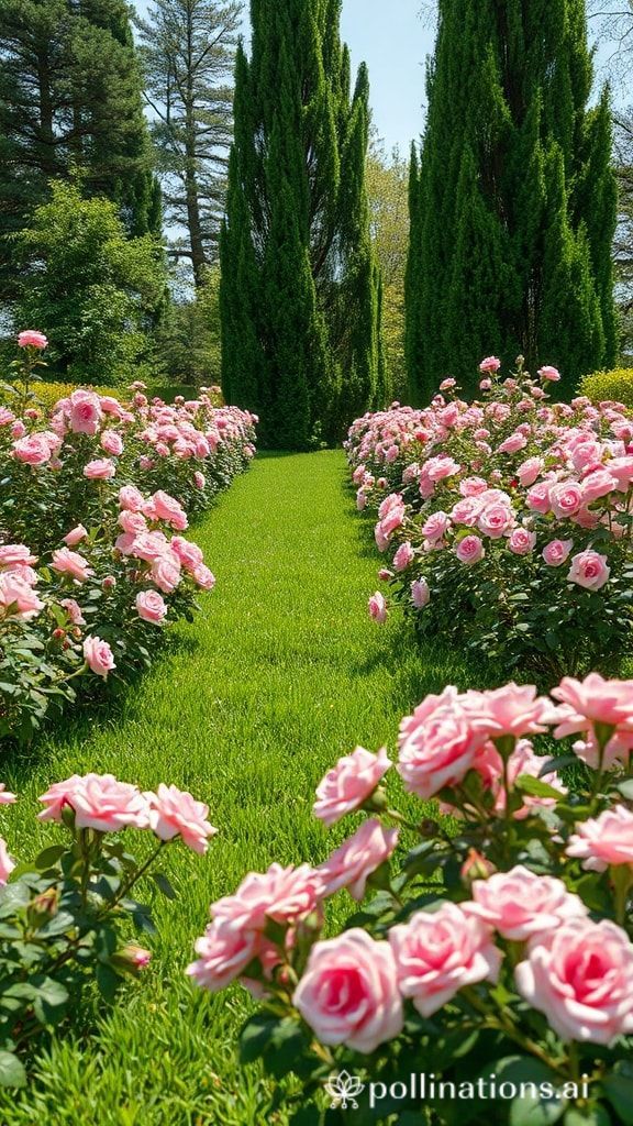 A garden pathway lined with blooming pink roses and tall green cypress trees Caption: