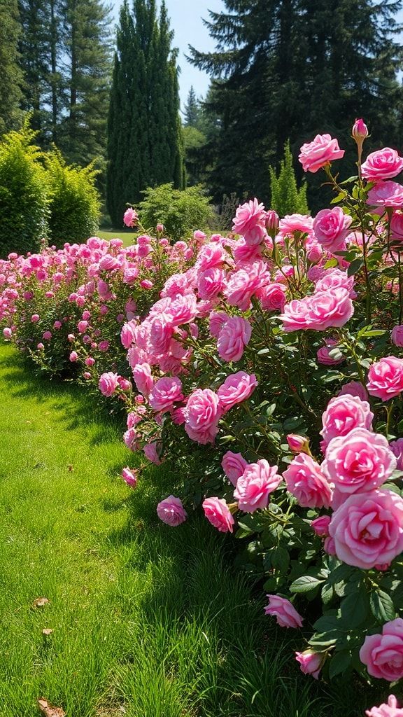 Rows of blooming pink roses in a garden with tall trees in the background