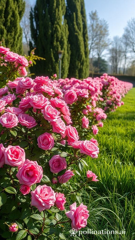 Rows of pink roses blooming beside tall cypress trees under bright sunlight