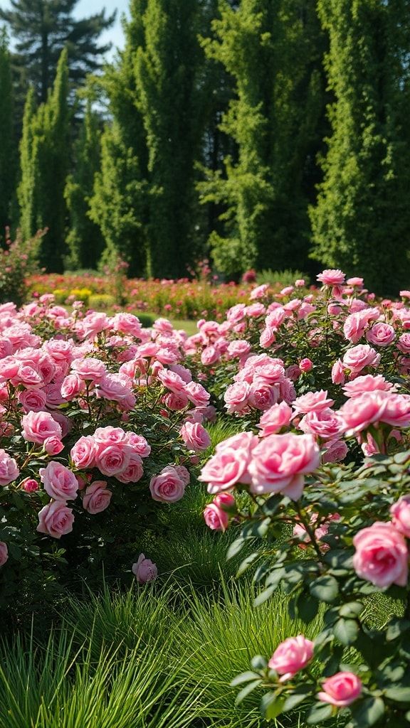A wide garden filled with pink roses and tall pine trees in the background