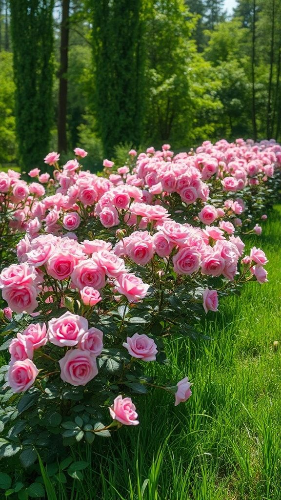 Pink rose bushes blooming in a dense green forest garden
