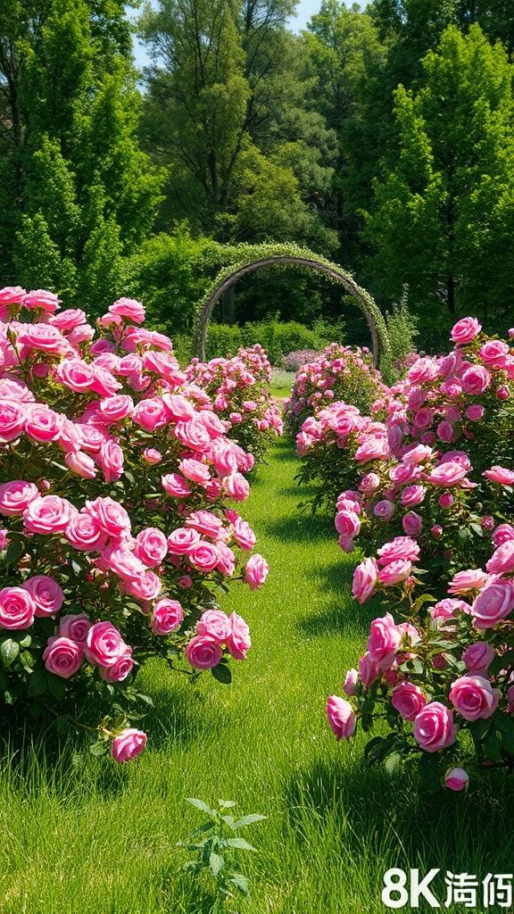 Pink roses blooming along a garden path with a floral arch in the background