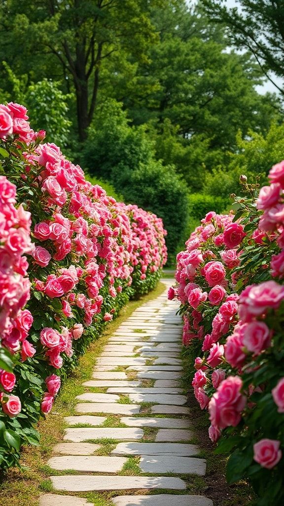 Stone walkway surrounded by rows of blooming pink roses in a garden
