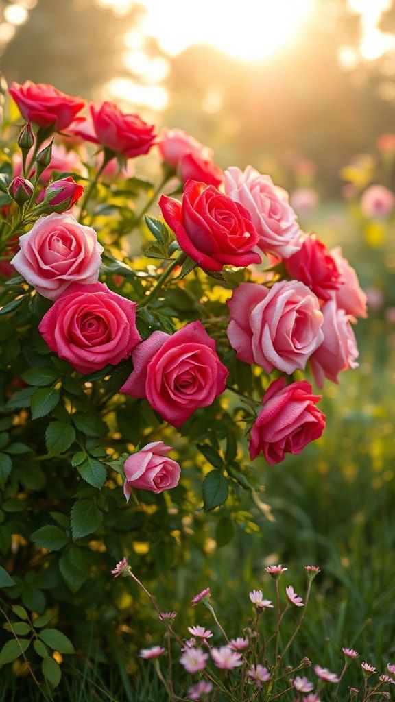 Pink and red roses blooming in a garden with warm morning sunlight