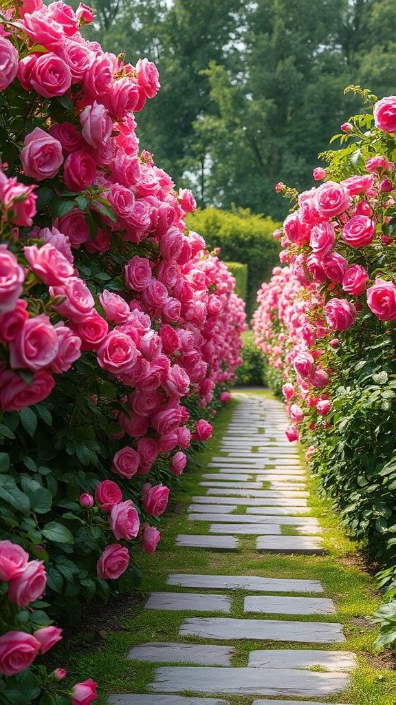 Stone path with pink roses blooming densely on both sides in a natural garden
